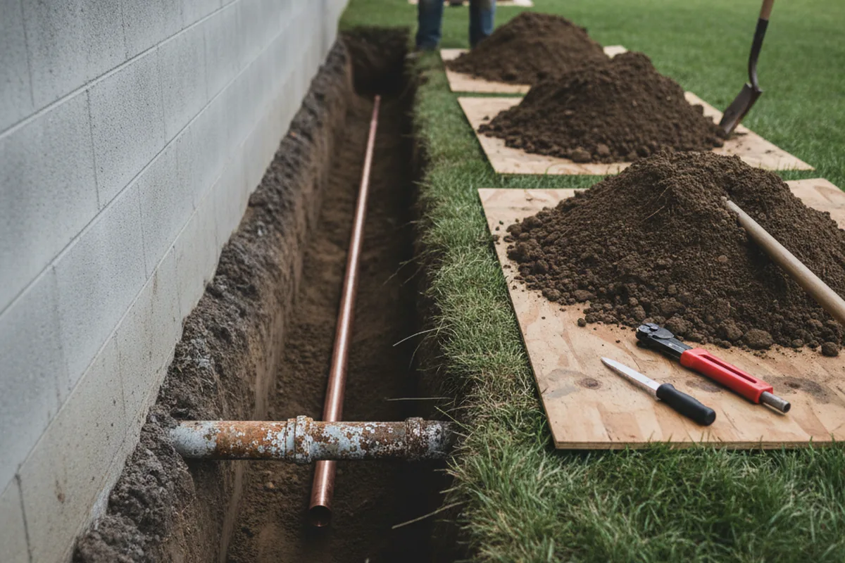 Excavated water line trench during Water Softener Installation in La Canada Flintridge